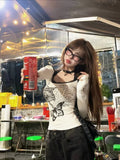 Gothic Lace Patchwork T-Shirt for Women with Art and Text