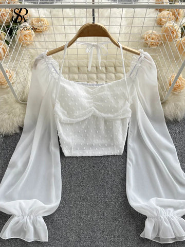 Cute Polka Dot Crop Top with Bow and Puff Sleeves