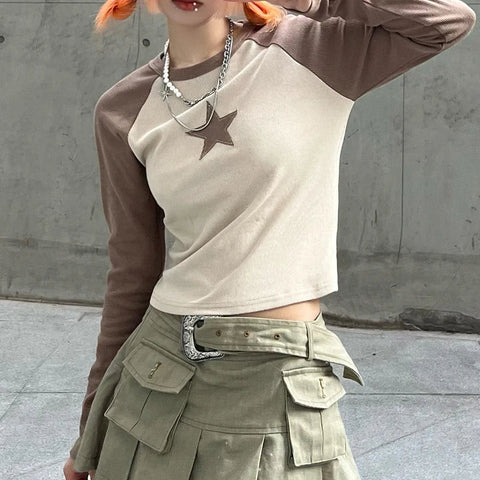 Sweet Star Patchwork Long Sleeve Crop Top for a Trendy Alternative Look