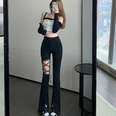 Black ripped trousers with lacing – E-Girl aesthetic