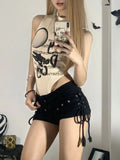 Seductive Lace-Up Shorts in Black Denim Look for E-Girl