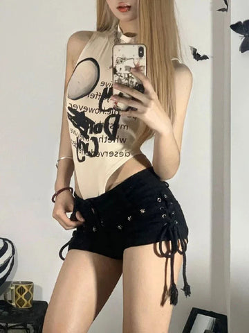 Seductive Lace-Up Shorts in Black Denim Look for E-Girl