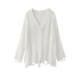 Loch pattern grey pullover semi transparent with off-shoulder cut