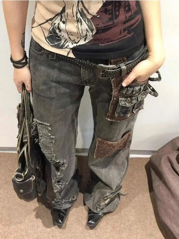 ハイウエスト パッチワーク カーゴスタイル ワークウェア ジーンズ