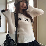 Korean style white knitted sweater in Black and white