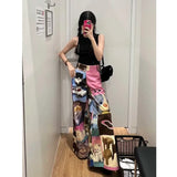 Gothic Y2K Wide Pants for Women with Cat Pattern and Colorful Print