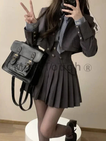 3-piece E-girl Rock Set: Short Coat, Pleated Skirt & Striped Shirt