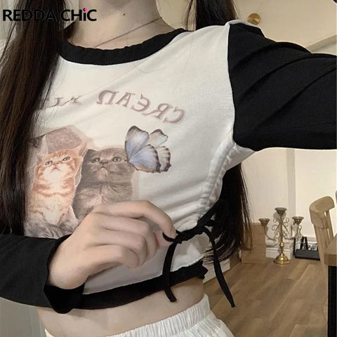 Retro Cat Print Long Sleeve Shirt in E-Girl Style