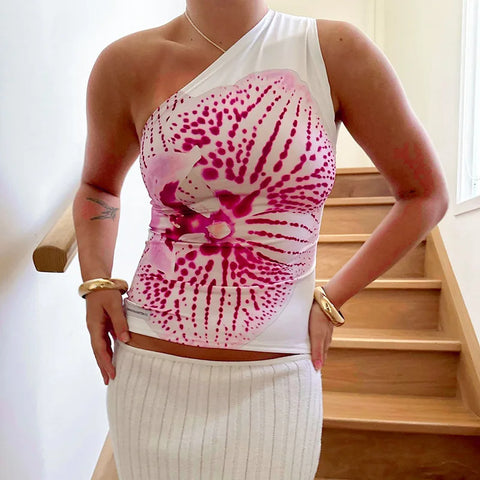 One-Shoulder Floral Pattern Top in 90s Retro Style