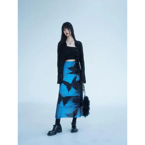 Gothic-Mesh Midi-Rock with Butterfly Print