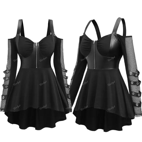 Black Gothic Dress with Zipper and Net Sleeves