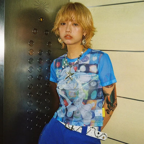Stylish Japanese Anime T-Shirt with 2000s Mesh Aesthetic in Blue