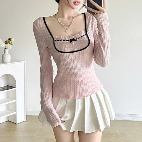 リボン飾りのロリータ風柔らかニットセーター