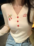 Spring-like V-neck Crop Top with Cherry Embroidery
