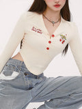 Spring-like V-neck Crop Top with Cherry Embroidery