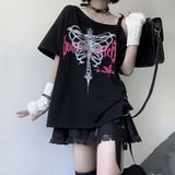 Black Oversized T-Shirt with Butterfly Print in Gothic Style