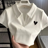 Ladies Crop Top with Polo Collar and Heart Embroidery in Korean Style
