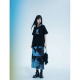 Gothic-Mesh Midi-Rock with Butterfly Print