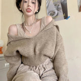 Sweater for Women Beige Cropped Long Sleeve Korean Style