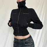 Black Gothic Zip-Up Jacket for Autumn/Winter Cropped Turtleneck