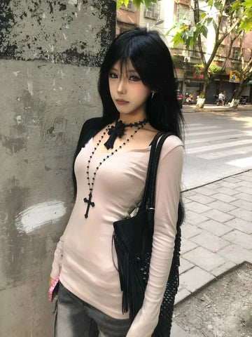 Patchwork T-Shirt for Women Skinny Long Sleeve in Retro 90s