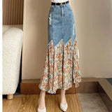 Soft-Girl Patchwork Maxi Jeans Skirt with Zipper