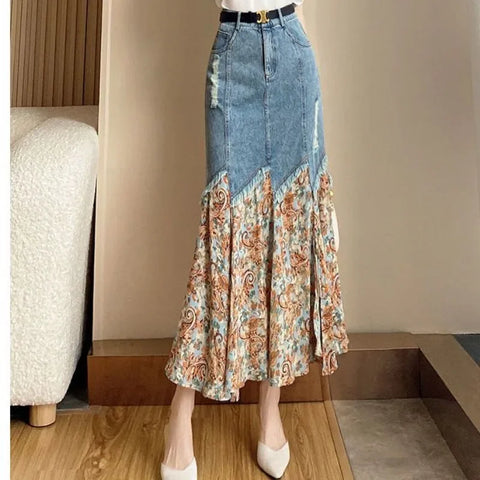 Soft-Girl Patchwork Maxi Jeans Skirt with Zipper