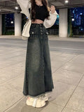 E-Girl Retro Grauer Maxi Jeansrock mit Hoher Taille