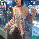 Alternative Grunge-Style Feather Shirt & Mesh Tops