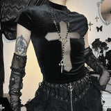 Elegant Gothic T-Shirt with Cross and Mesh Details