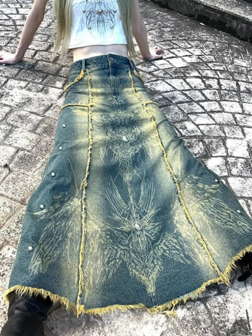 Y2K Oversized Denim Skirt with Print & Studs for Women