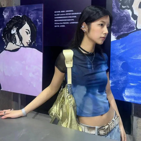 Ladies Grunge-Style T-Shirt with Mesh | Streetwear Short Sleeve Tops