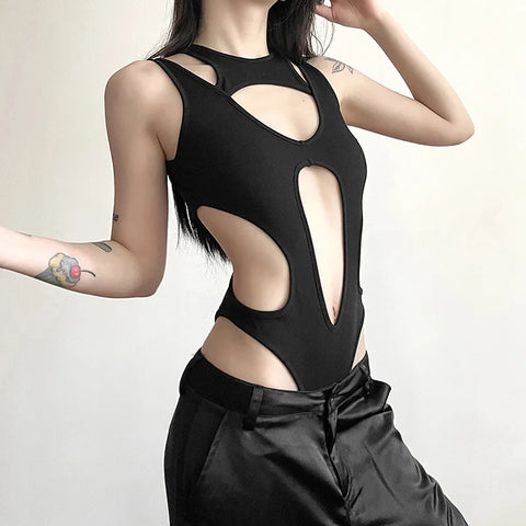 Sexy Gothic Hollow Out Bodysuit for Women Backless High Cut Techwear