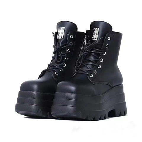 Women Platform Wedges Boots Gothic Look with Metal Studs and Lacing