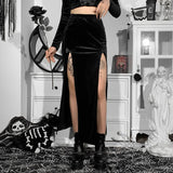 Seductive Black Velvet Split Skirt with High Waist and Bows for Goths