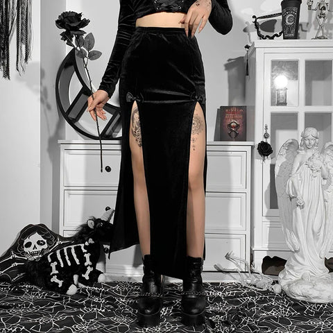 Seductive Black Velvet Split Skirt with High Waist and Bows for Goths