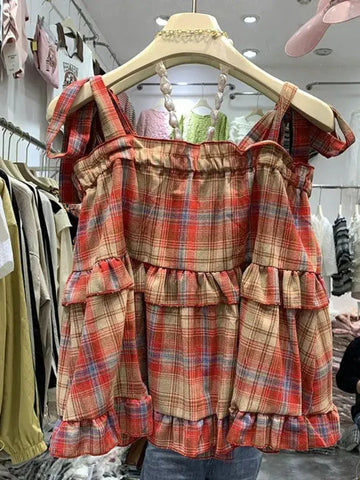Y2K Vintage Summer Dress with Check Pattern and Ruffles for E-Girl