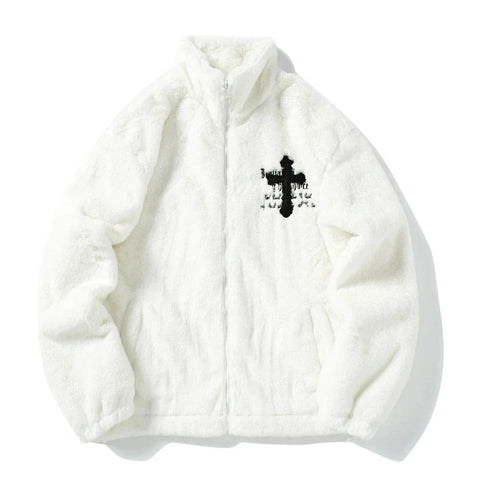 Y2K Vintage Fleece Jacket with Cross Design