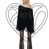 Loch pattern grey pullover semi transparent with off-shoulder cut