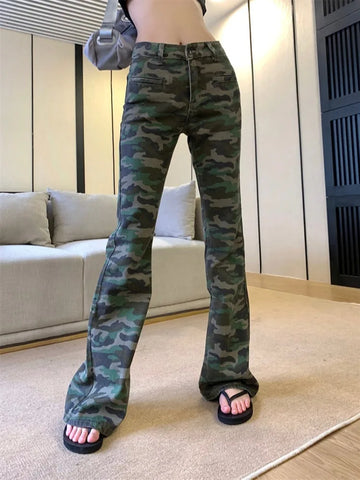 Camouflage High-Waisted Trousers Grunge Jeans